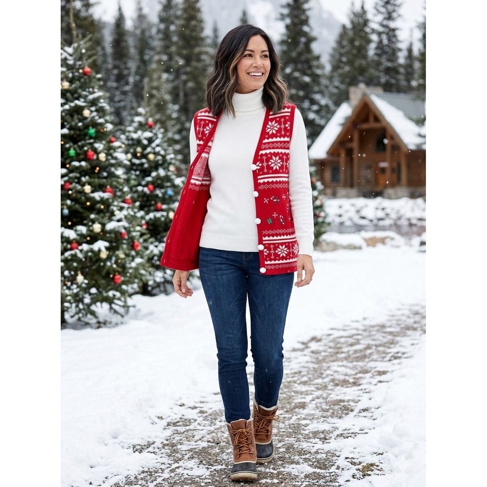 Laura Scott Red Fair Isle Christmas Sweater Vest Womens XL‎ Holiday Candy Cane